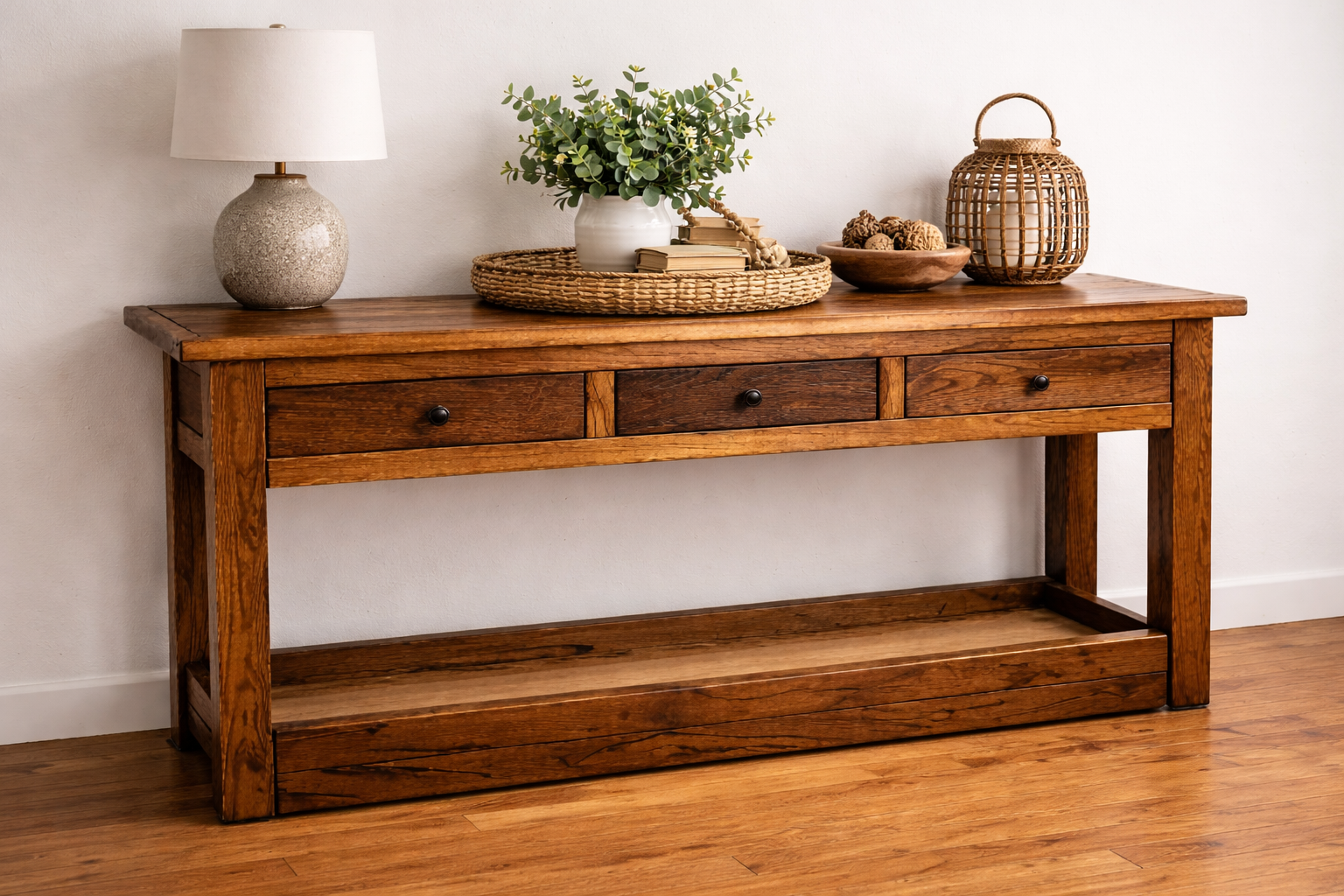 Custom hardwood console table for entryways and living spaces.
