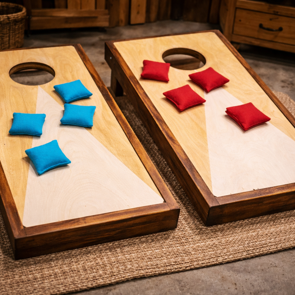 Custom handcrafted cornhole boards made from solid wood with a durable finish and regulation-size design. Perfect for backyard games, cabins, outdoor gatherings, and custom game sets.