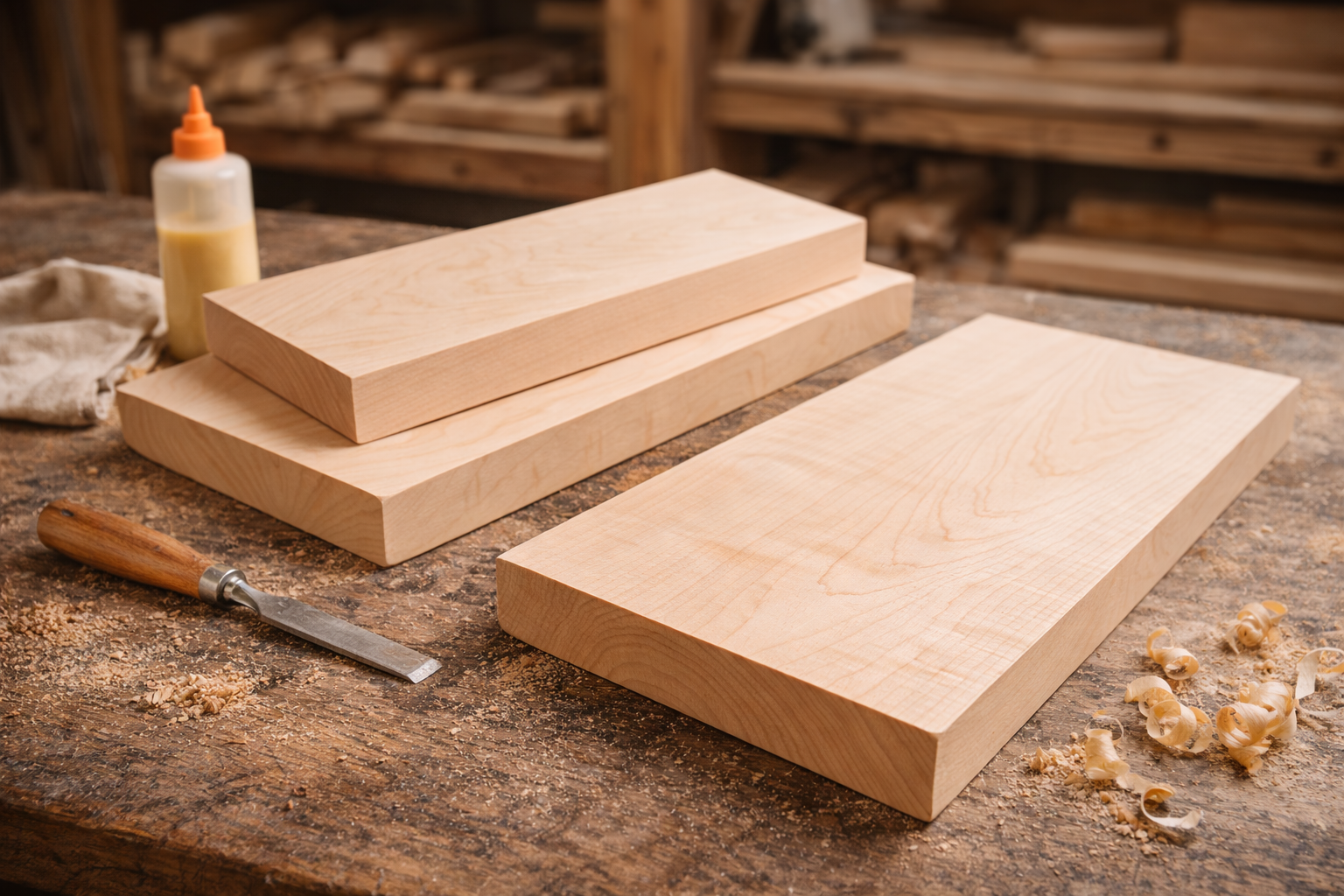 Solid maple hardwood boards used for handcrafted custom furniture.