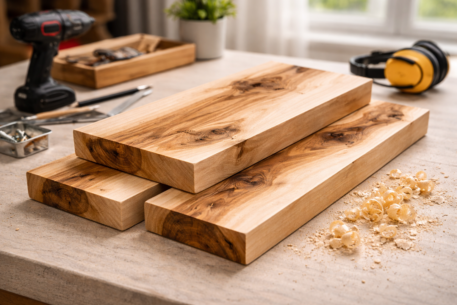 Solid hickory hardwood boards used for handcrafted custom furniture.