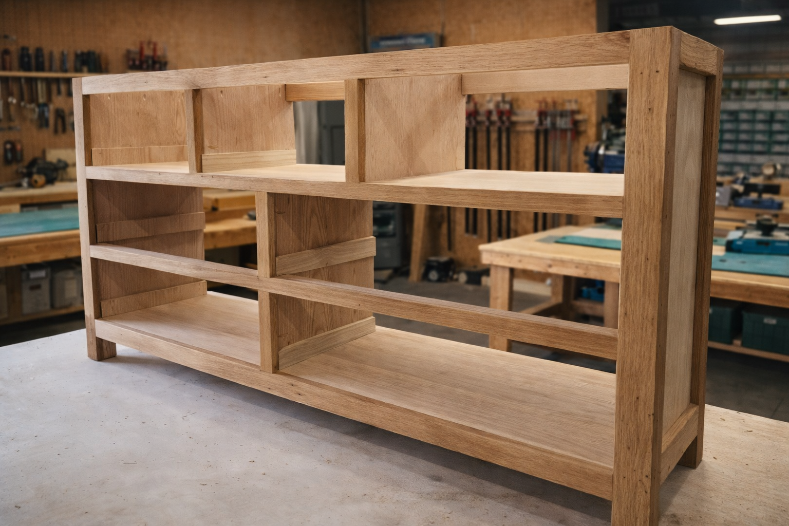 Handcrafted hardwood shelving unit built by Kickin Up Dust Woodworks.