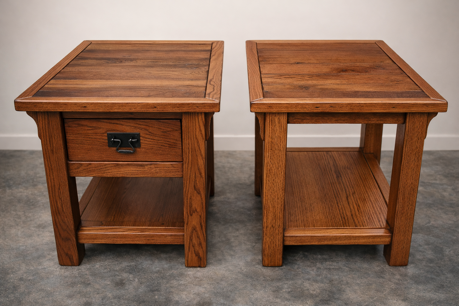 Handcrafted solid wood nightstand with drawer and open shelf, built from premium hardwood with rustic metal hardware. A durable bedside table perfect for farmhouse and rustic interiors.