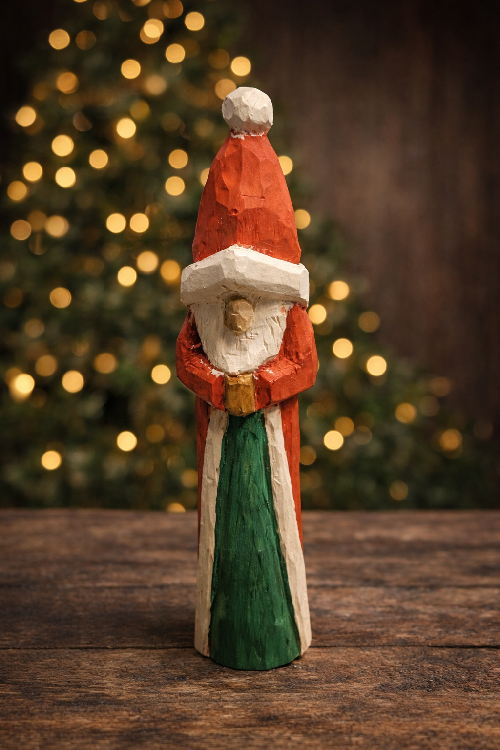 Hand-carved wooden Santa decoration handcrafted by Kickin Up Dust Woodworks.