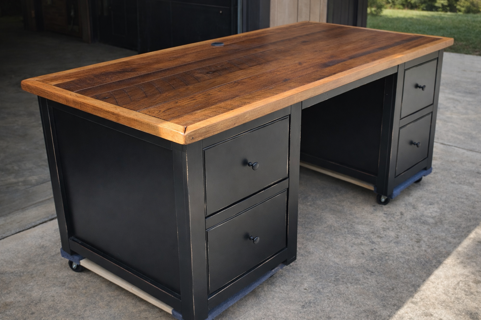 Custom wood desk with hardwood top handcrafted by Kickin Up Dust Woodworks.