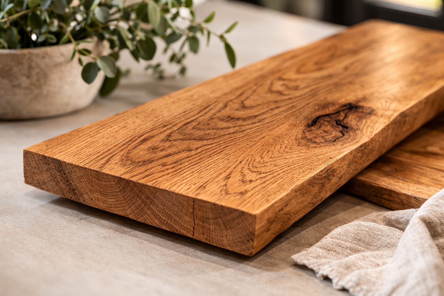 Solid oak hardwood board used for handcrafted custom furniture.