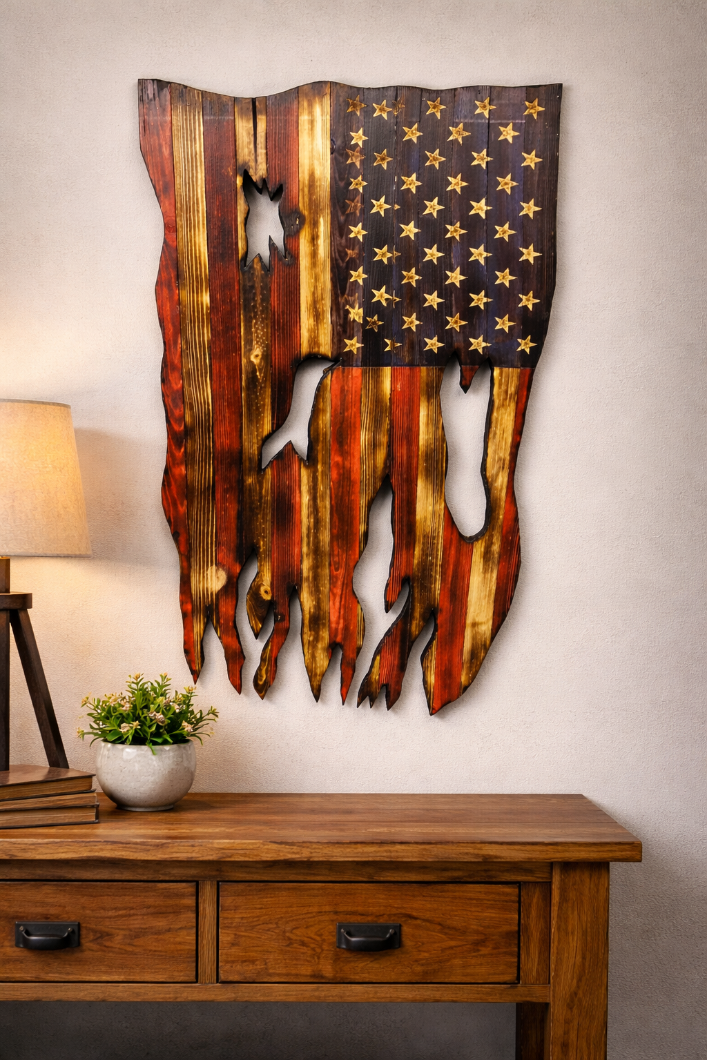 Handcrafted wooden American flag wall art with custom metal accents, made by Kickin Up Dust Woodworks. A rustic patriotic décor piece perfect for cabins, homes, or offices.