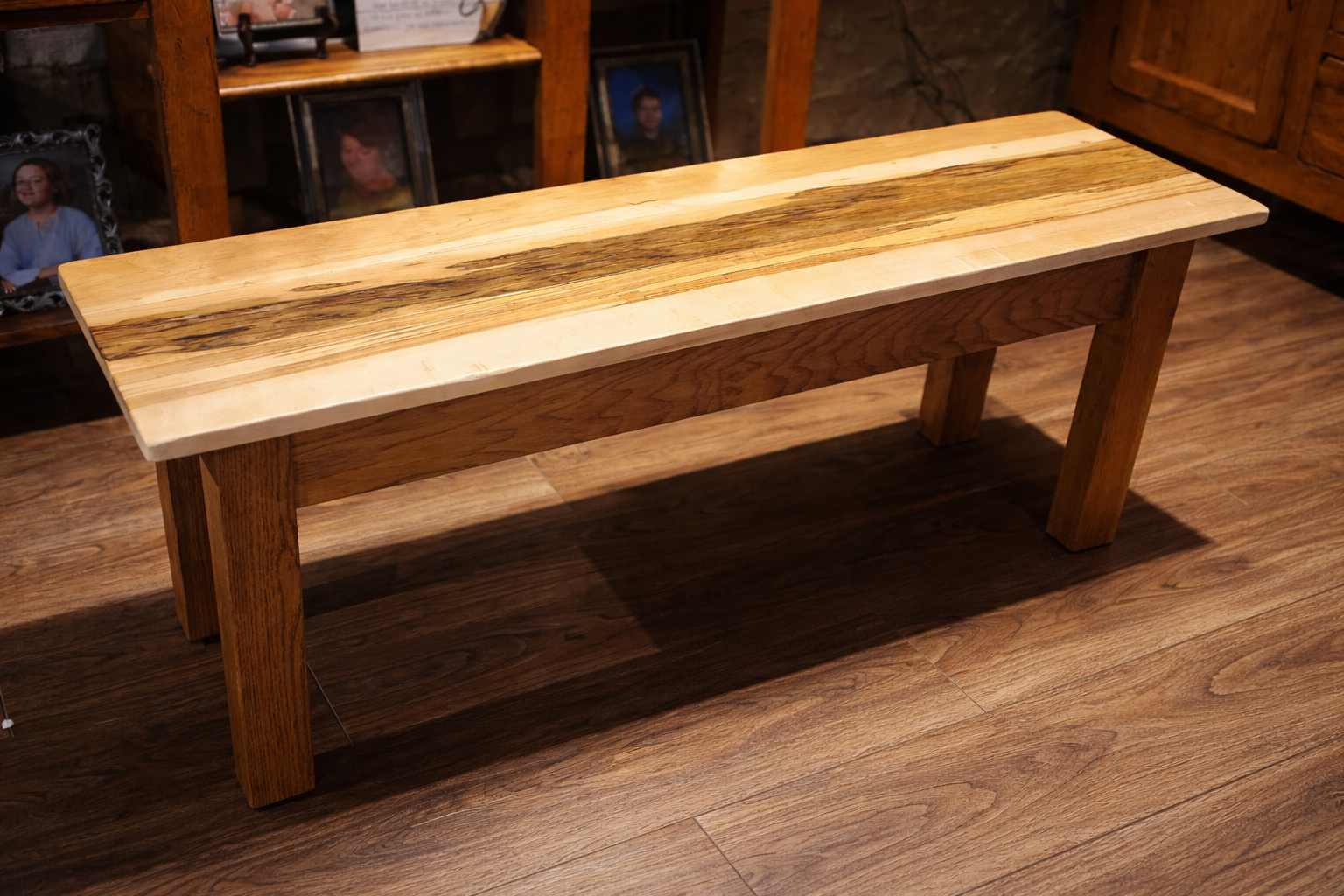 Handcrafted hardwood bench built by Kickin Up Dust Woodworks.