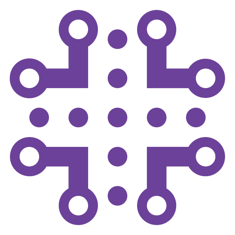 A symmetrical abstract design with purple lines and circles on a black background.