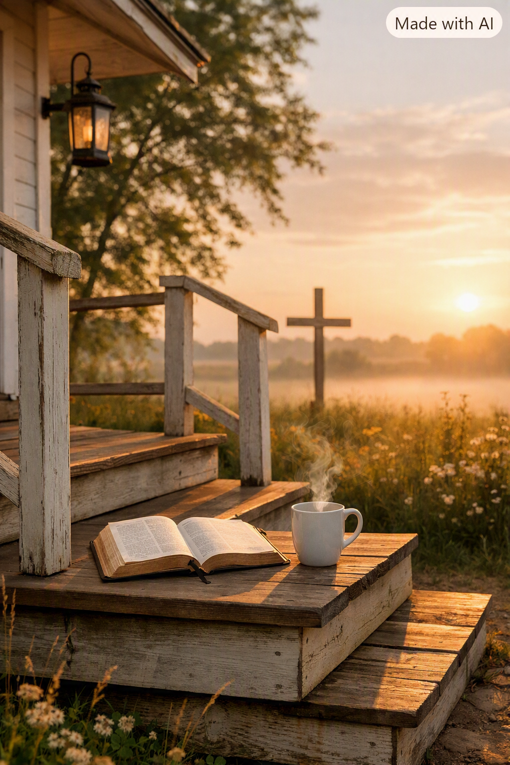 Sunset scene on a wooden porch with an open book and steaming coffee mug, a cross in the background, and a field with flowers, trees, and a misty horizon.
