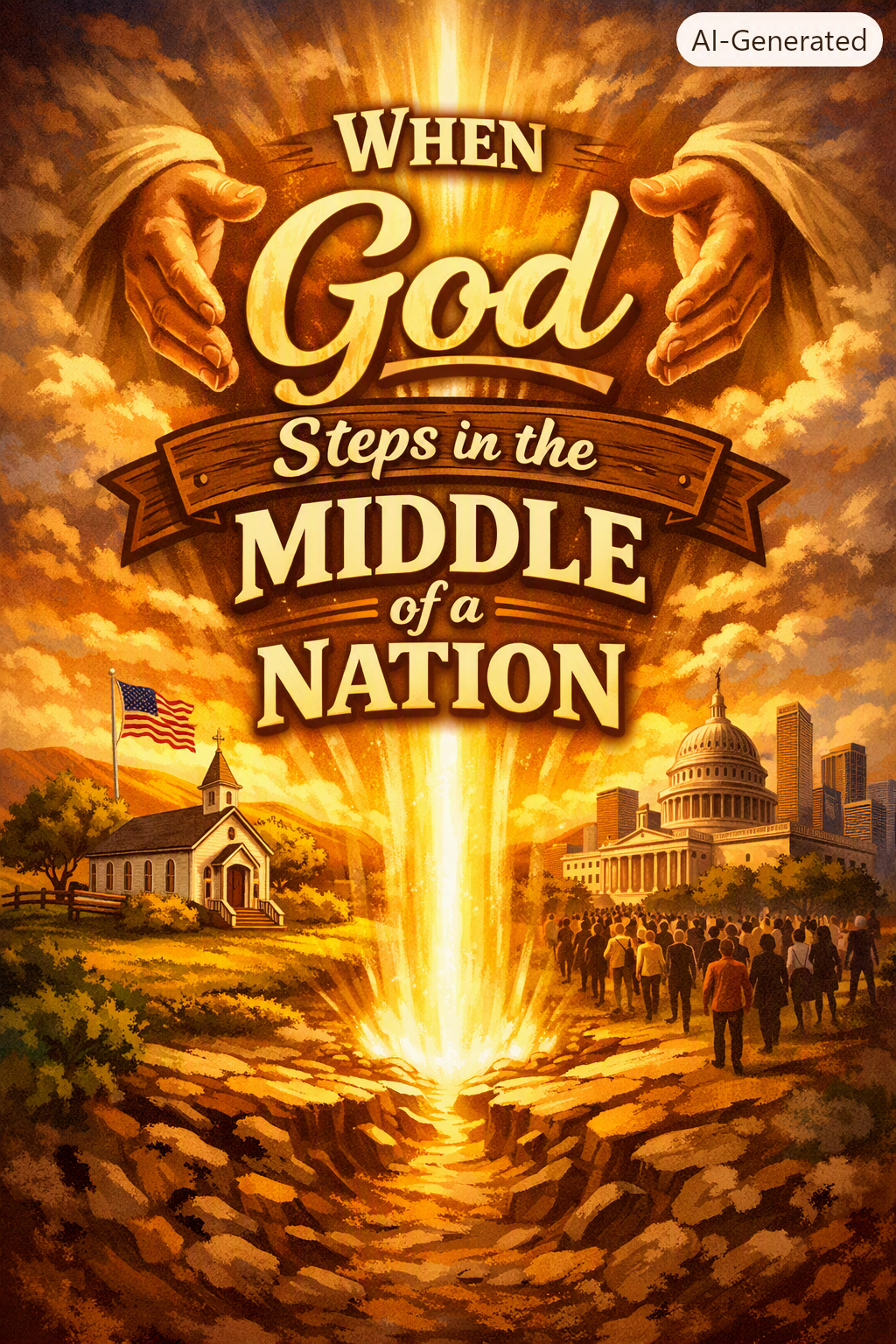 Illustration with a quote: "When God steps in the middle of a nation," featuring two hands reaching out and rays of light, a small church with an American flag on the left, and the U.S. Capitol building on the right, with people walking towards it.