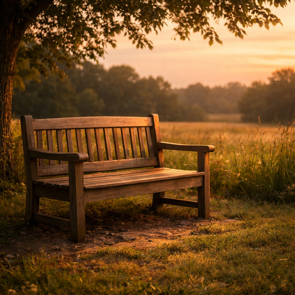 A wooden park bench under a large tree on a grassy field during sunset.