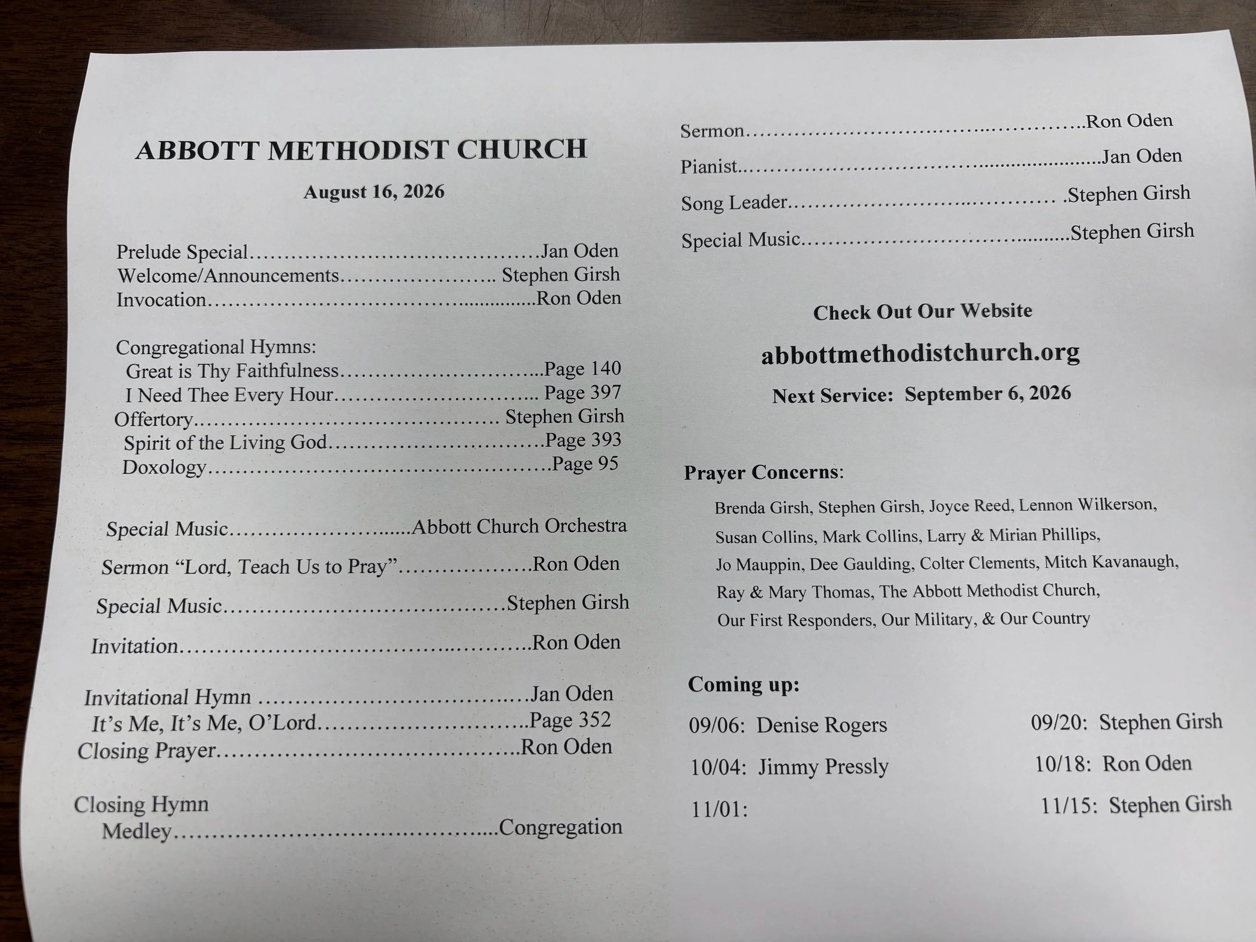 A printed program outline for a church service at Abbott Methodist Church on August 16, 2026, listing various hymns, sermons, special music, prayers, and upcoming events.