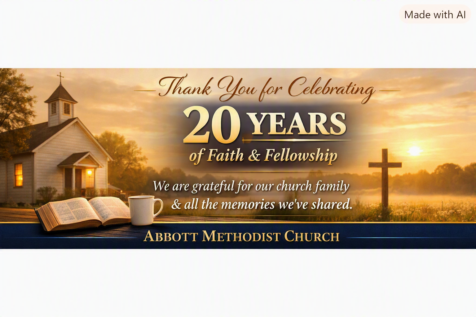Church with open Bible and coffee mug in front, sunrise, cross in field, celebrating 20 years of faith and fellowship at Abbott Methodist Church.