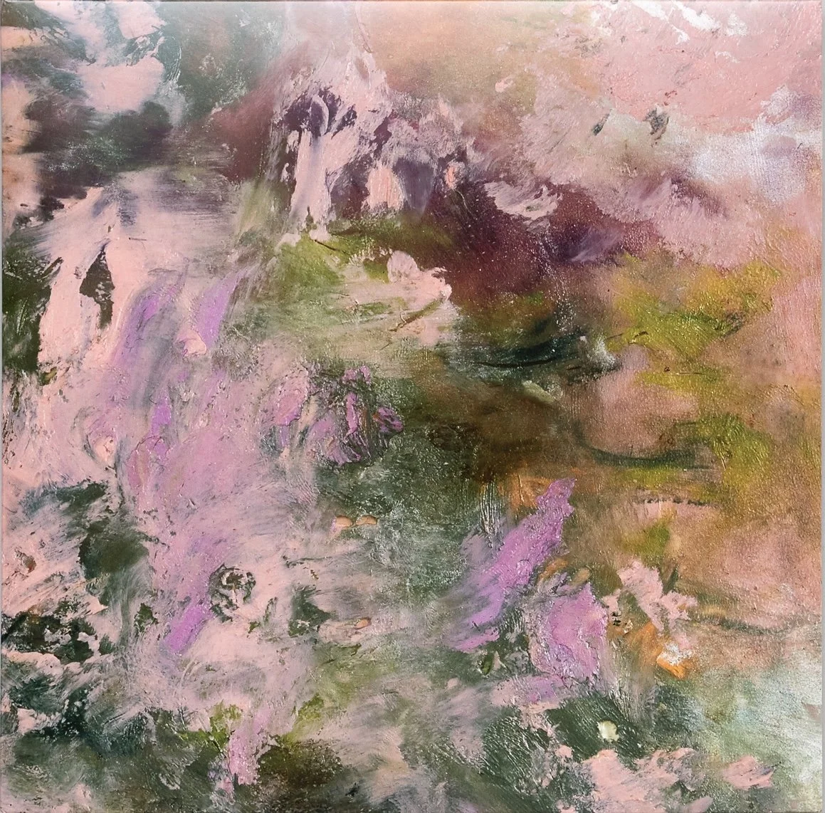 Abstract painting with pink, purple, green, black, and beige brushstrokes and textures.