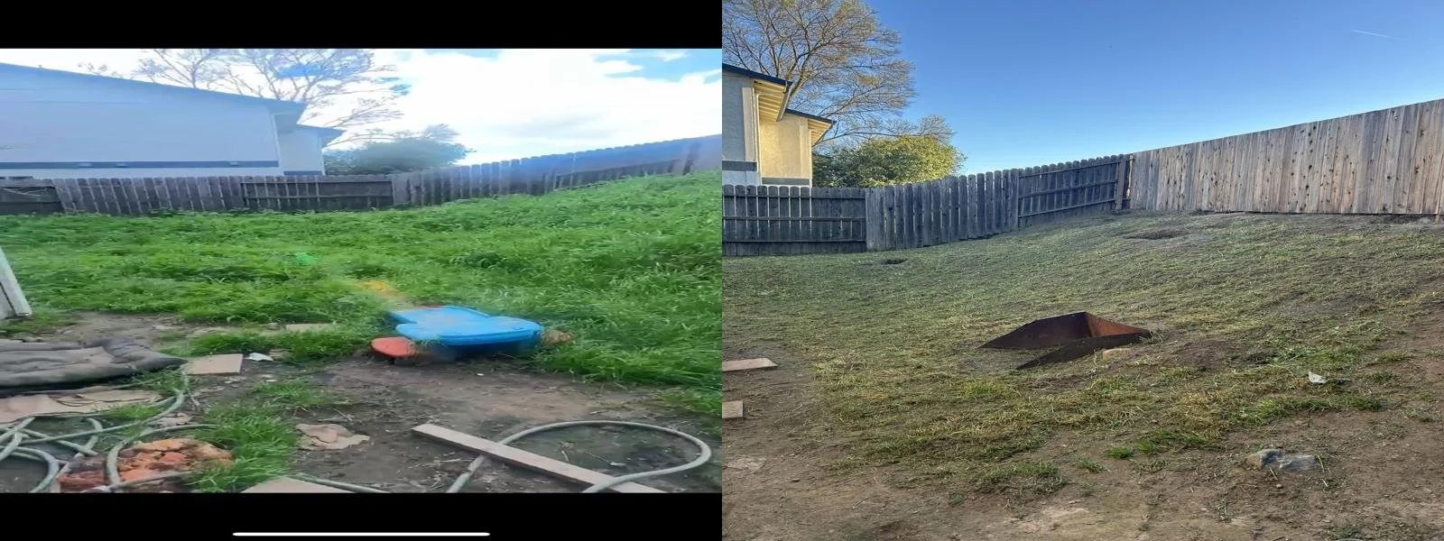 Side-by-side comparison of a backyard before and after lawn renovation. The left shows a messy yard with overgrown grass, construction debris, and pipes, while the right shows a cleared, level yard with neatly cut grass and a fire pit in the center.