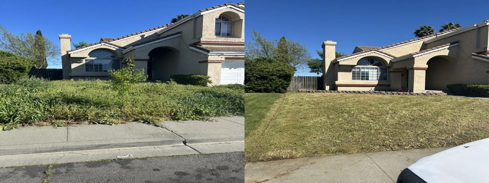 Side-by-side comparison of two house yards, left side overgrown with weeds, right side well-manicured lawn, both houses have similar architecture with stucco exteriors and arched windows.