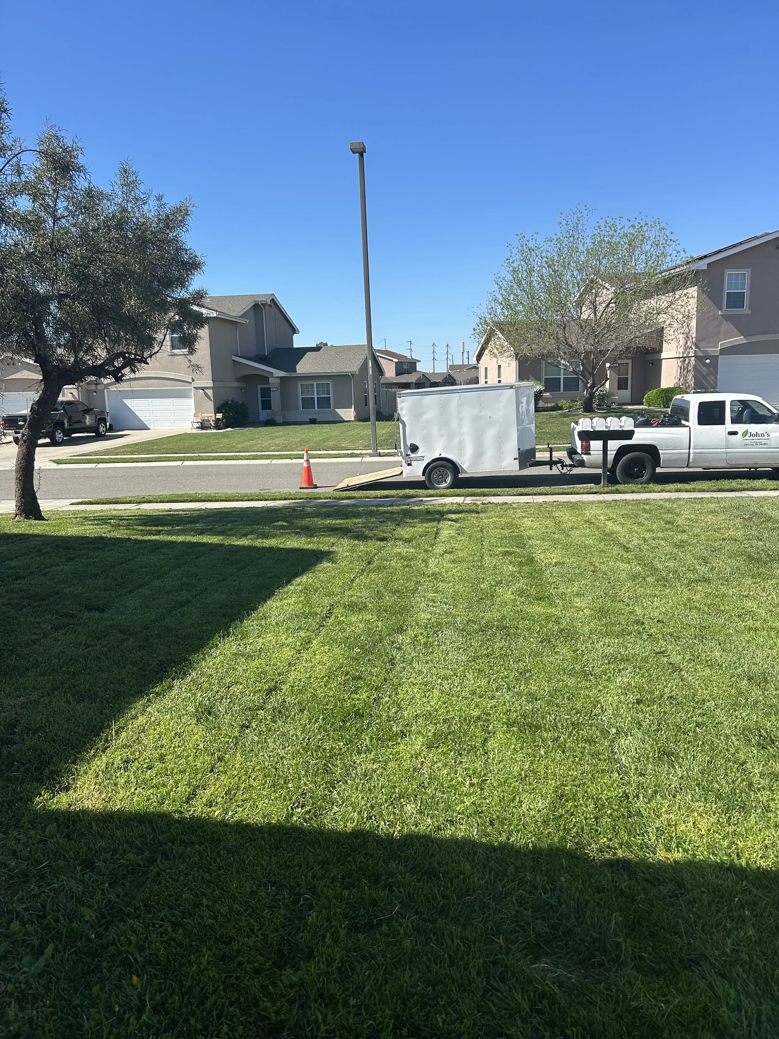 A suburban neighborhood with houses, a green lawn, trees, a parked truck with a trailer, a traffic cone, and a streetlamp under a clear blue sky.