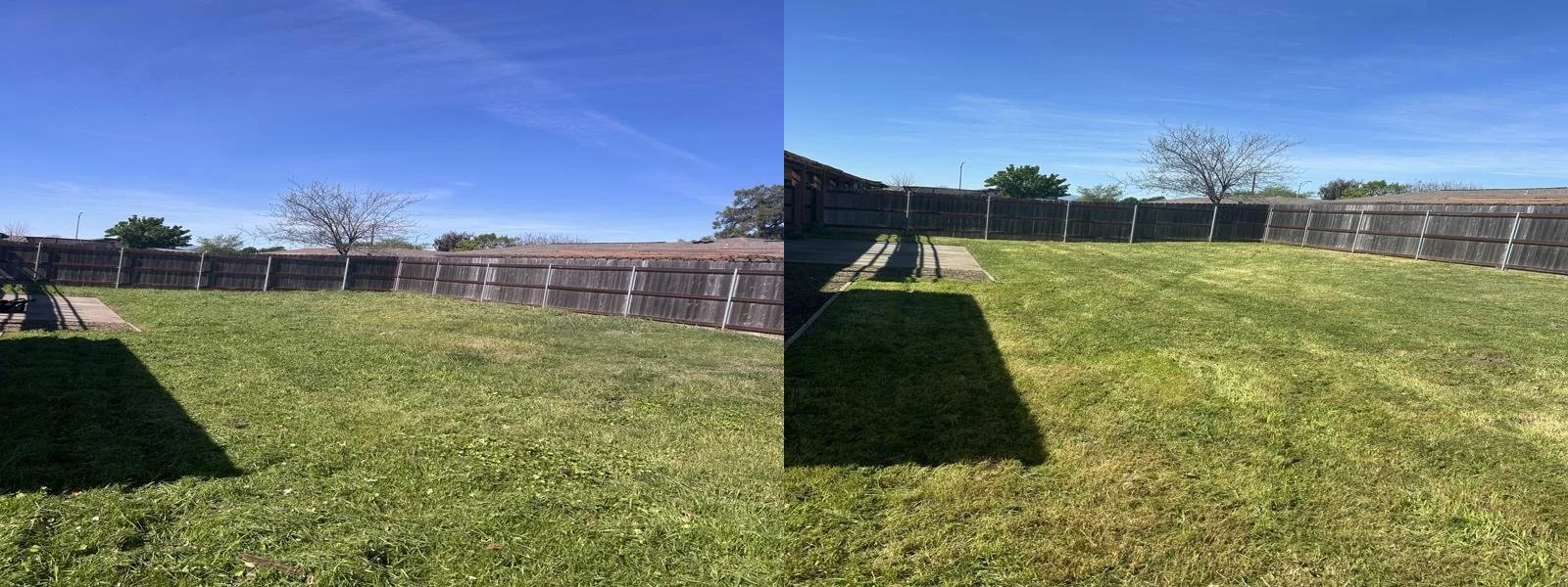 Side-by-side comparison of a backyard with a wooden fence, showing a shadow from a nearby structure on the left side of the yard under a clear blue sky.