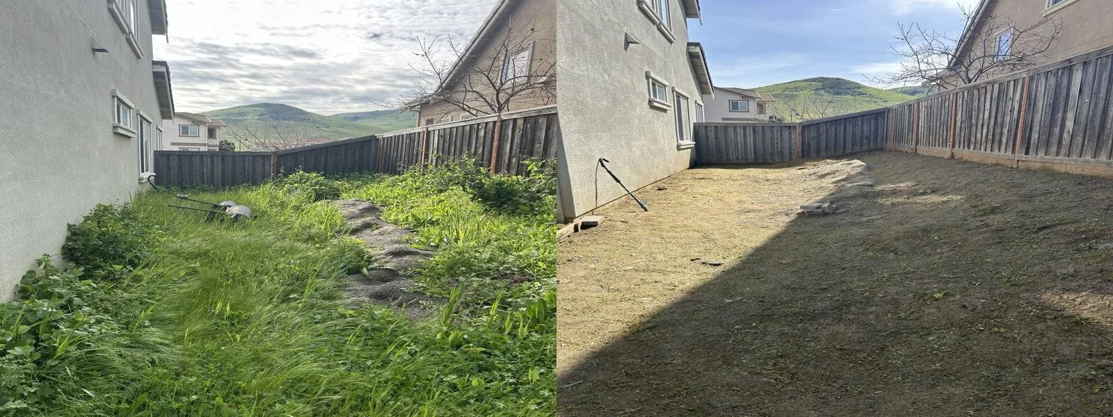 Before and after images of a backyard. The left side shows overgrown grass and weeds, while the right side shows a cleared, leveled dirt area with a wooden fence and a house in the background.
