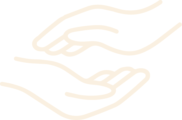 Outline drawing of two hands reaching towards each other against a black background.