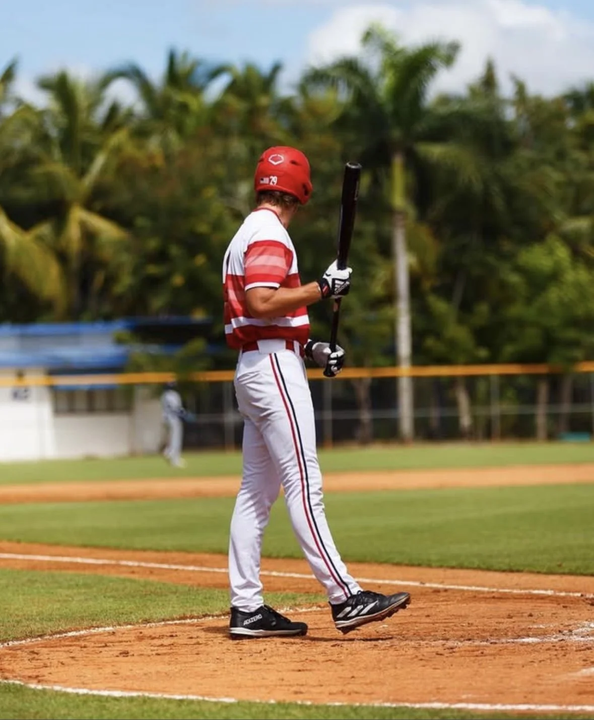 A baseball player stands on home plate holding a bat, wearing a red helmet and a red and white striped jersey on a baseball field with a background of trees and a mostly clear sky.