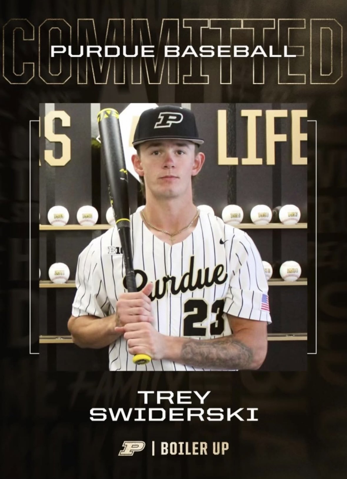 A young man in a Purdue baseball uniform holding a baseball bat in front of a backdrop with baseballs. The text reads "Committed Purdue Baseball" and "Treyswiderski."