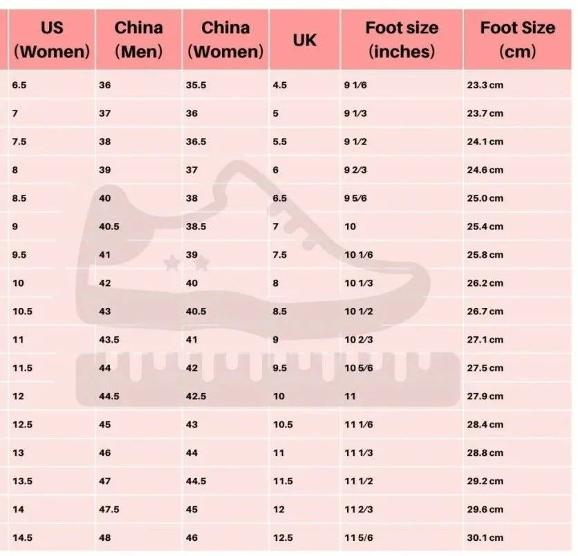Shoe size conversion chart comparing US women's, China men's, China women's, UK sizes, with foot length in inches and centimeters.