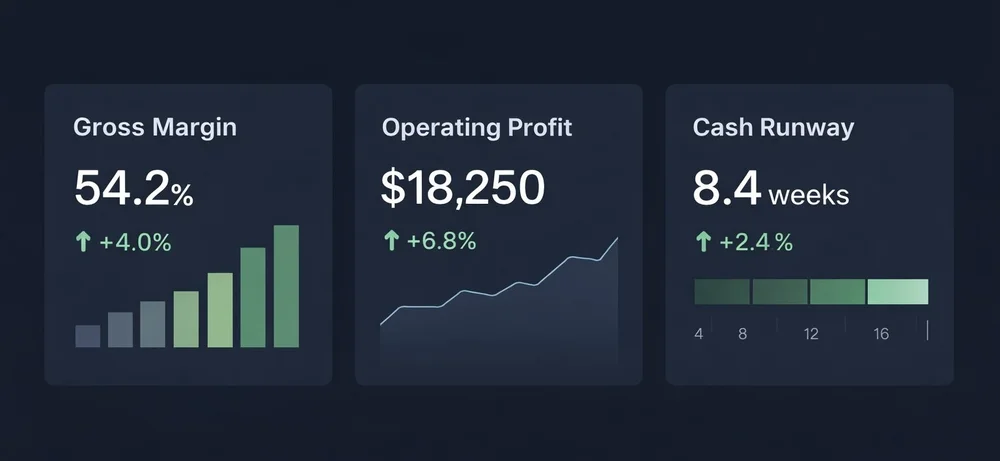Financial dashboard preview showing margin, profit, and cash runway