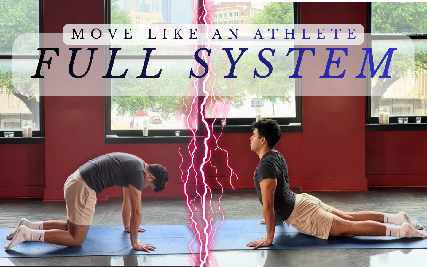 Two men performing yoga poses on mats in a room with large windows, with a lightning bolt graphic and text overlay promoting workout system.