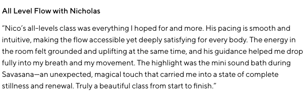 Text describing a class called All Level Flow with Nicholas, highlighting ease, intuition, grounding energy, guidance, and a calming experience.