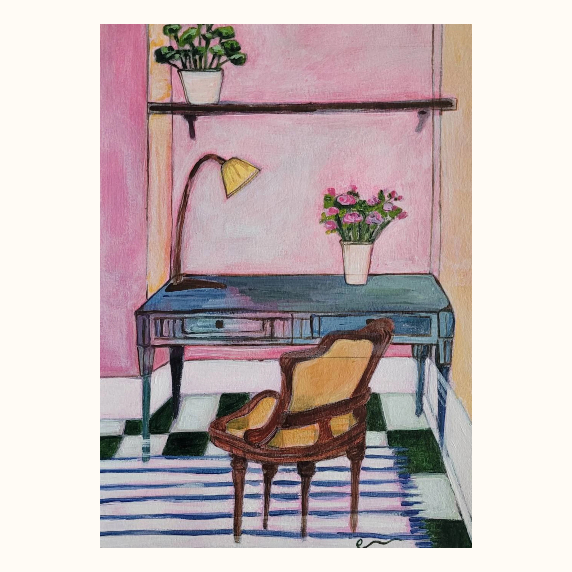 Yellow Chair and Blue Desk