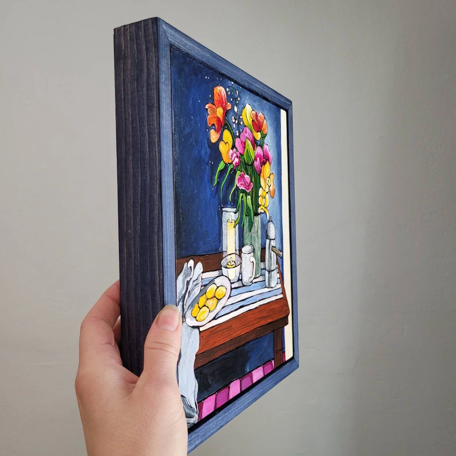 Framed still life- Coffee, lemons and flowers, acrylic on wood Em Arthouse 3.jpg