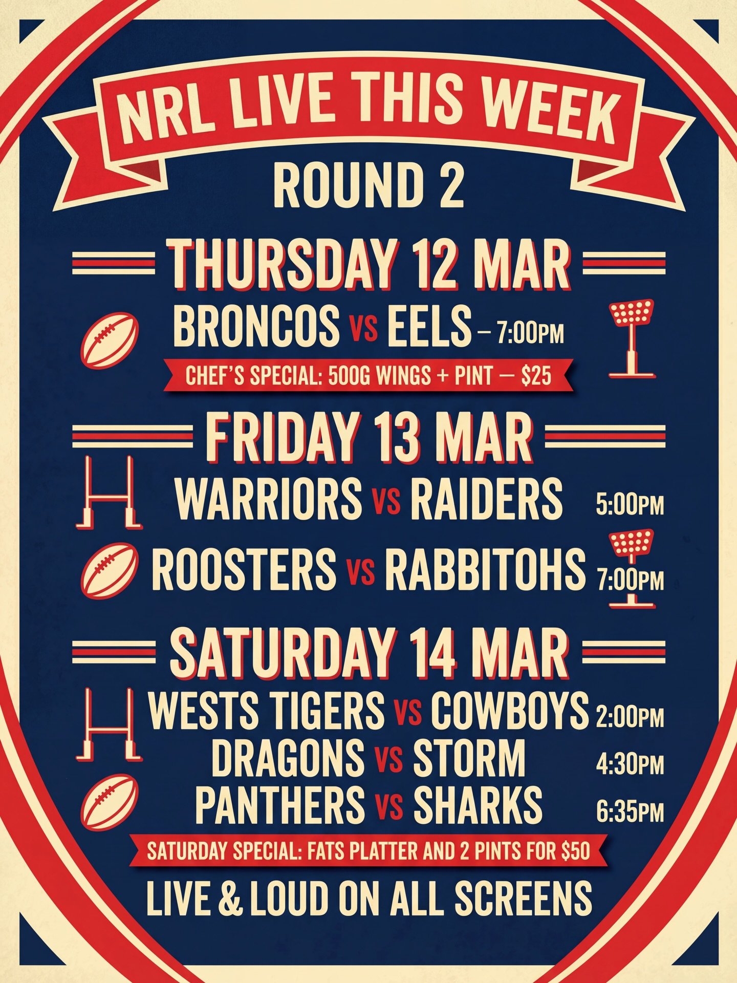 Live NRL and AFL this week at Fats.