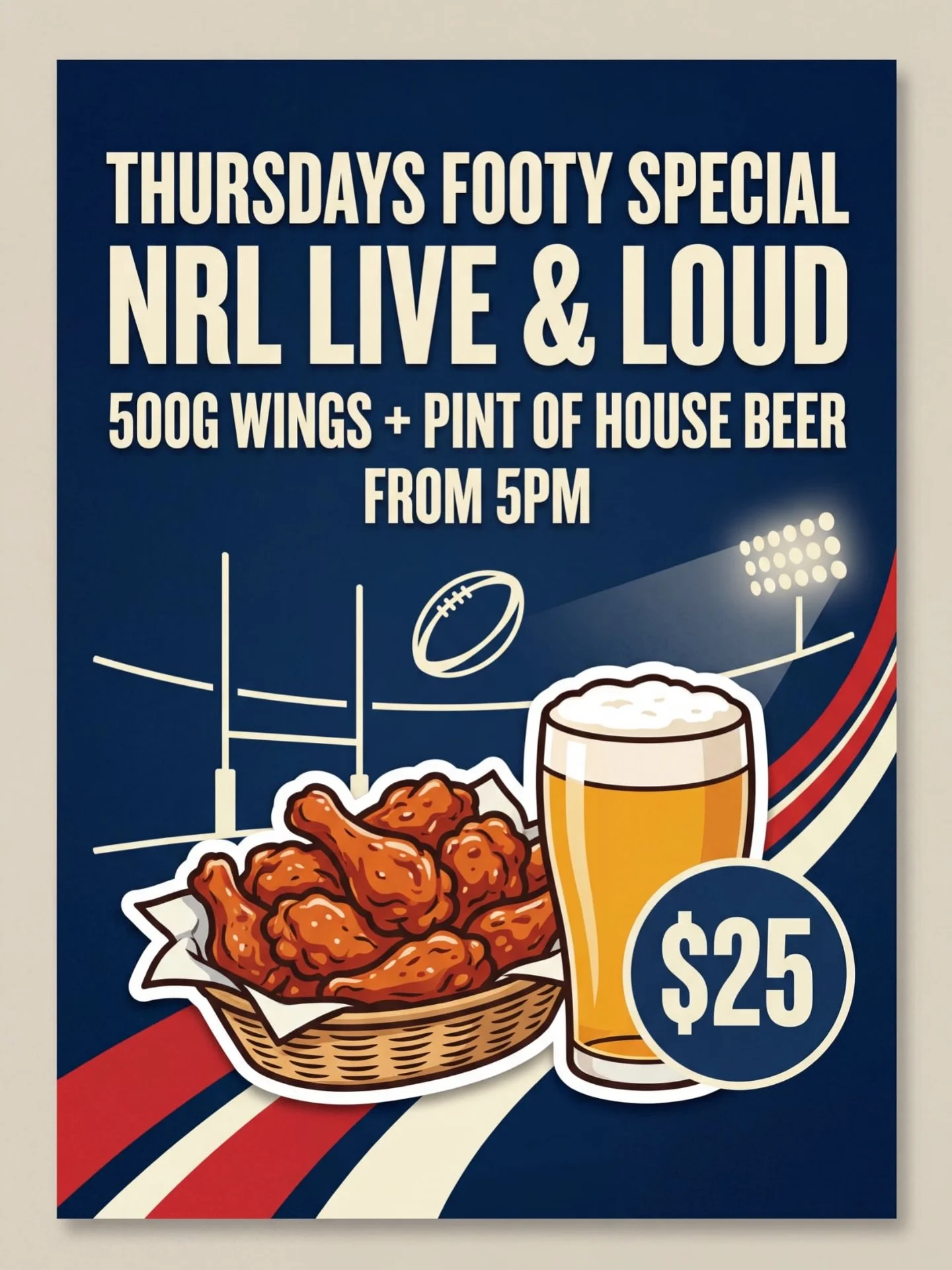 🏉THURSDAY NIGHT FOOTY SPECIAL
500G Wings + Pint of house beer = $25.. from 5PM.