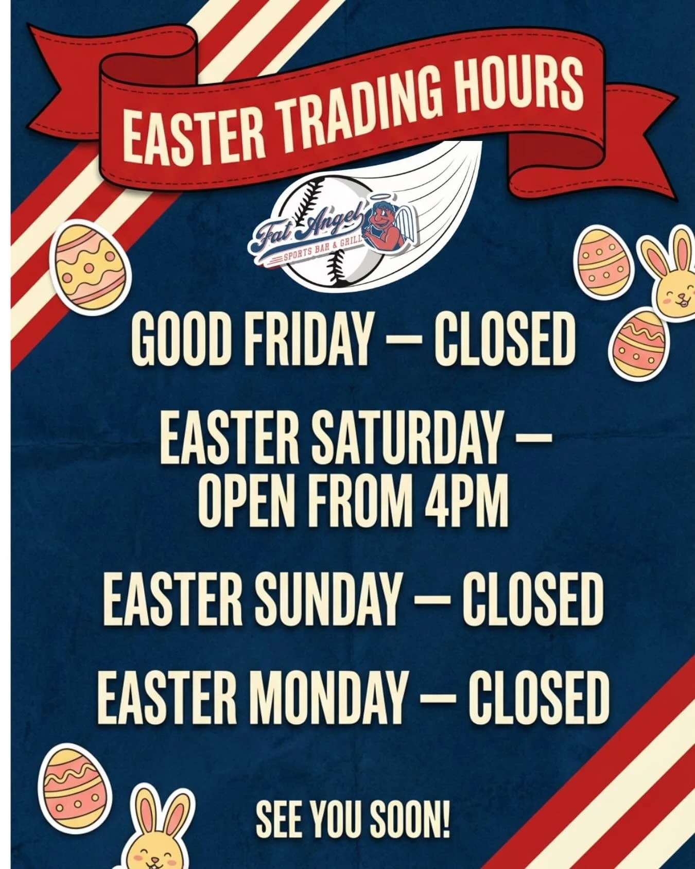 Come join us at Fat Angel Sports Bar  while doors are open, 
what a way to celebrate the long weekend let&rsquo;s gooo ! 
🥳🐣