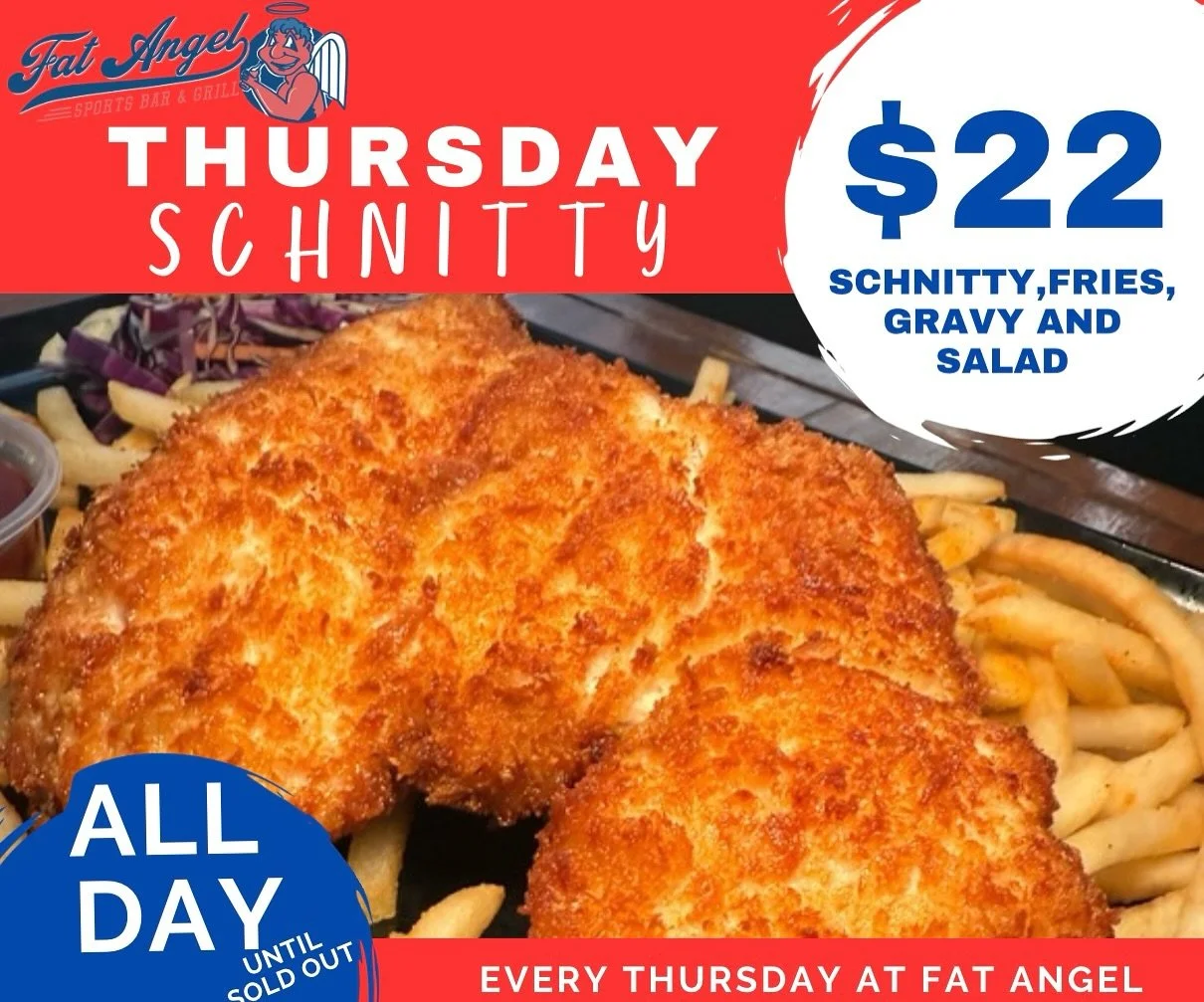 Thursdays are for Schnitty slappin&rsquo;. 🐔🔥
$22 gets you a golden crumbed schnitzel, fries that&rsquo;ll make you weep with joy, and salad that keeps it crunchy.
All day. Every Thursday. Only at Fat Angel.

Come hungry. Leave full. Regret nothing