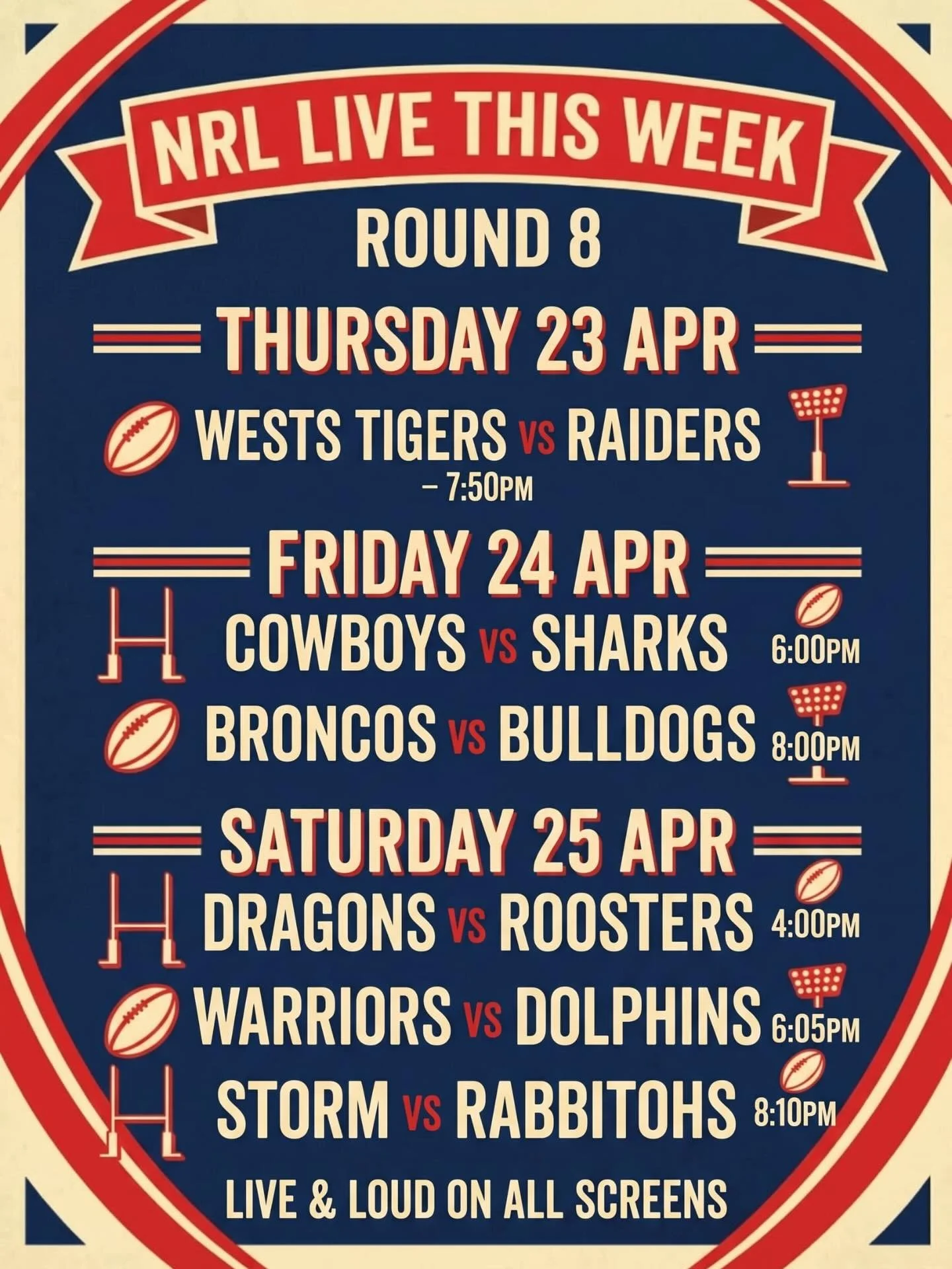 This week&rsquo;s footy ! 🏉 🍻
Come join us at Fat Angel Sports Bar to cheer the boys on 🥳