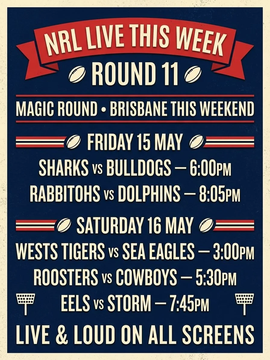 It&rsquo;s our favourite weekend of the year - Magic round!! Come celebrate with us at Fat Angel Sports Bar ! 
All games live, loud and lively 🥳 

And if NRL isn&rsquo;t your vibe check out our AFL timetable ☺️🤩