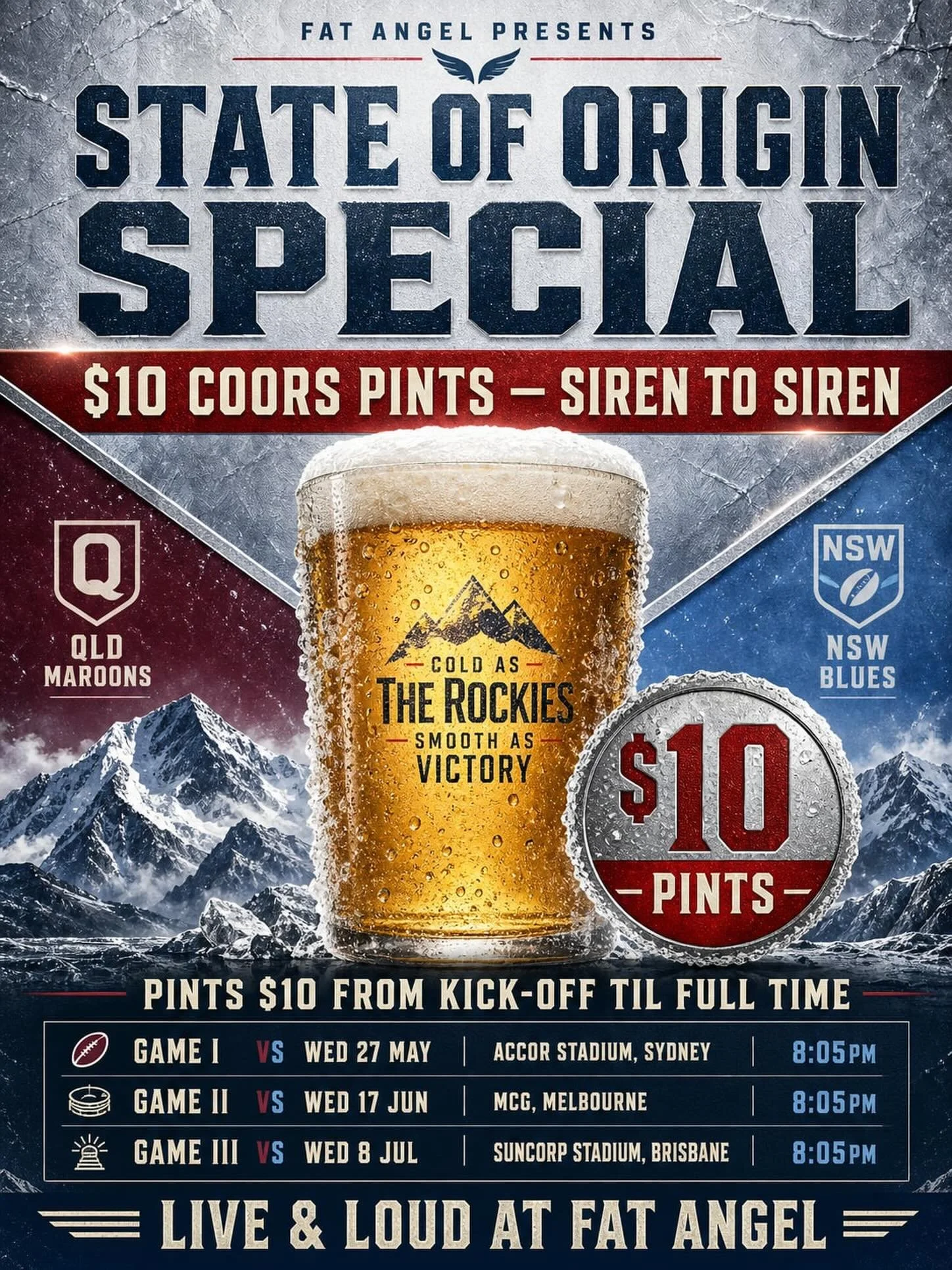 Join us this Wednesday for the first round of State of Origin 🏈🥳 

Live and Loud on all screens at Fat Angel Sports Bar 🍻
