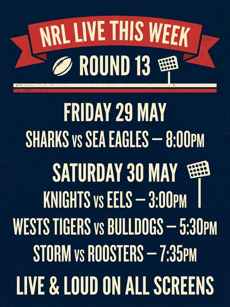 Check out our sports roster for the week featuring NRL and AFL 🏈🥳

Join us to cheer on the teams this weekend at Fat Angel Sports Bar