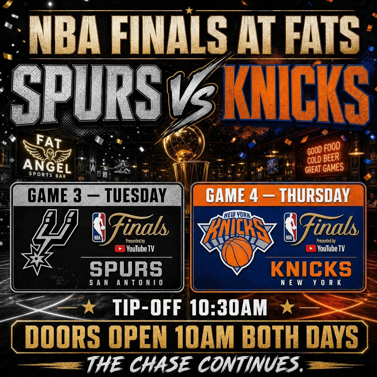 NBA Finals game three and four this week at Fat Angel Sports Bar ! 
Get in bright and early @10am for a good seat 😉🏀
#nbafinals #brisbanesportsbar