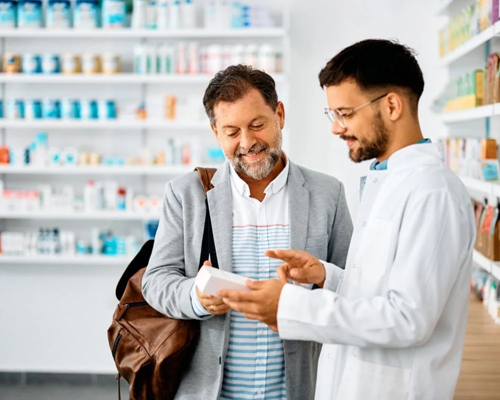 A pharmacist showing medication details to an older male customer, at a chemist like one that may be on offer at Menangle Park Town Centre.
