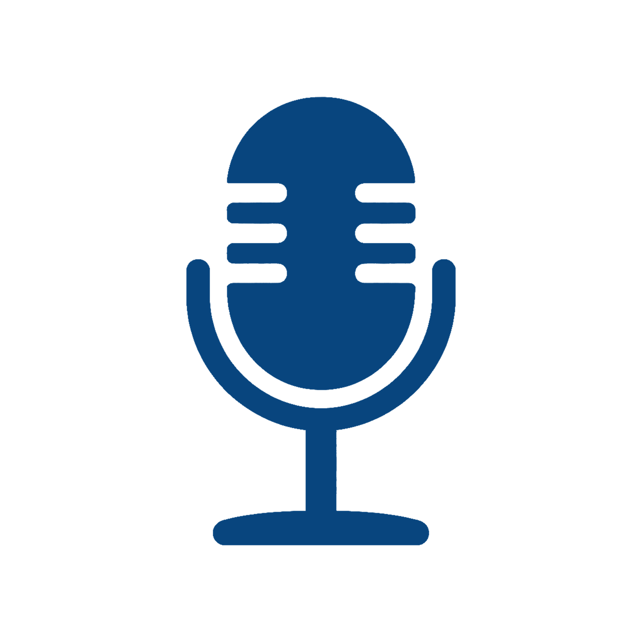 A stylized silhouette of a microphone, represented using dark blue lines on a black background.