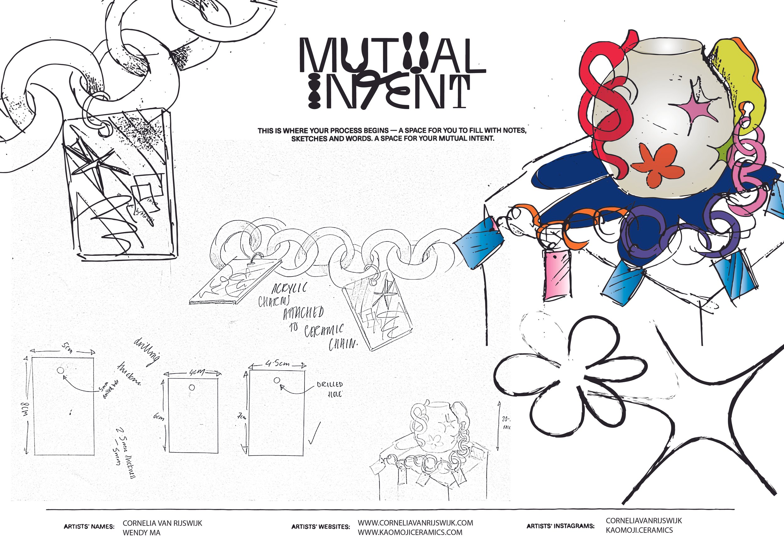 Sketch of a jewelry design titled 'Mutual Intent,' showing a ceramic necklace with floral shapes and colorful charms. Design dimensions and construction details are sketched, with notes on acrylic charms attached to a ceramic chain.