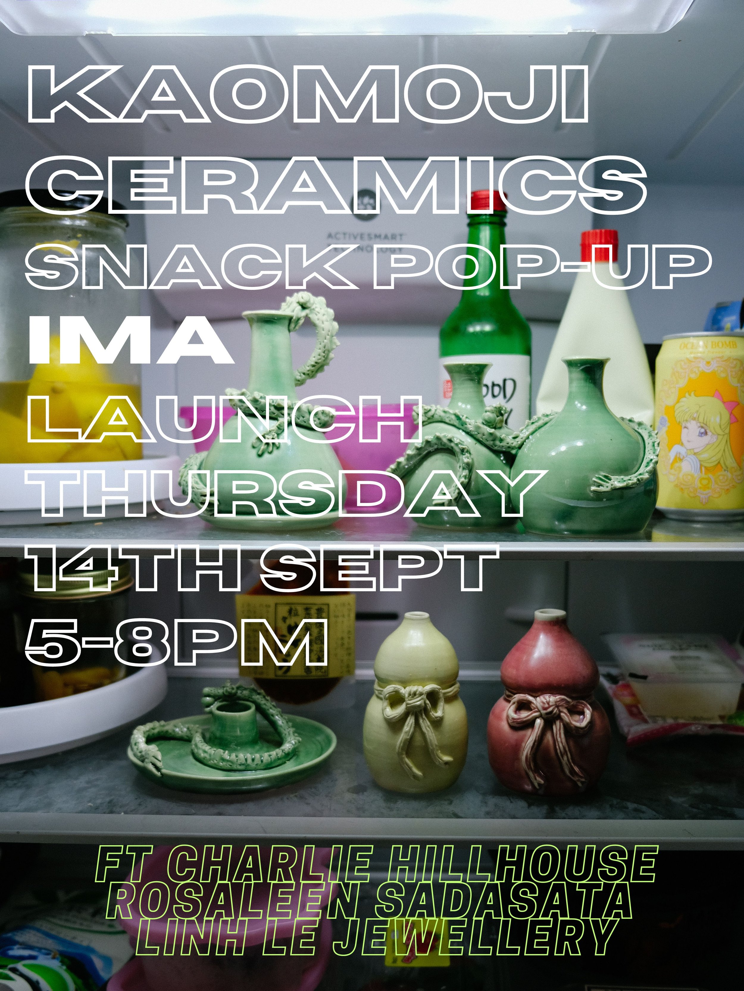 Inside a refrigerator filled with ceramic snake and potion bottle decorations, some with bows, and various bottles including a green one, a yellow one with a character illustration, and a white one with a red cap. Overlaid text announces a ceramics s