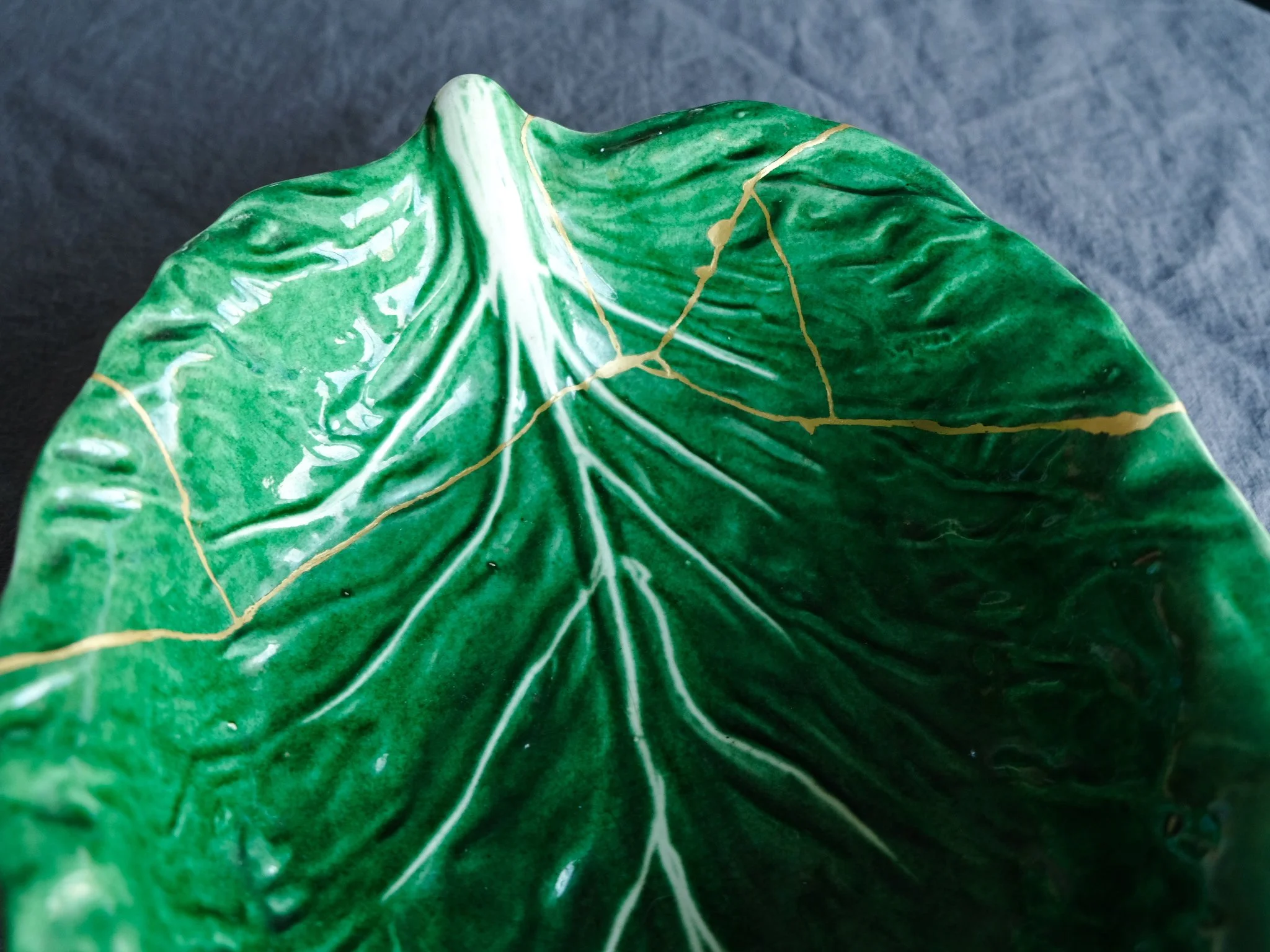 Close-up of a green leaf with prominent white veins and gold streaks, set against a dark background.