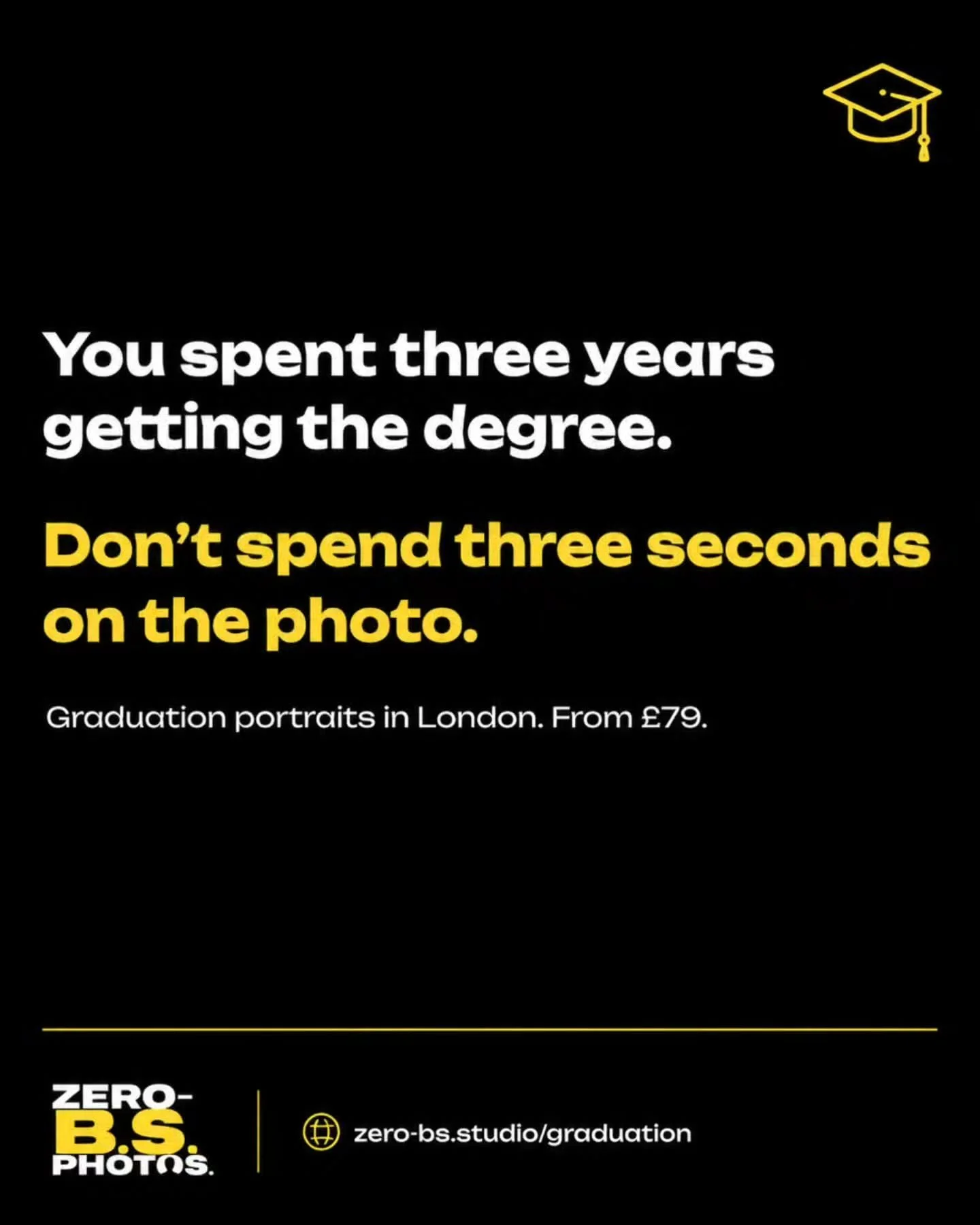 🎓 You spent years earning the degree.

Then someone takes one rushed photo outside the ceremony while your family argues about where to stand.

We thought there should be a better option.

Zero B.S. Graduation Sessions are relaxed, 30-minute shoots 