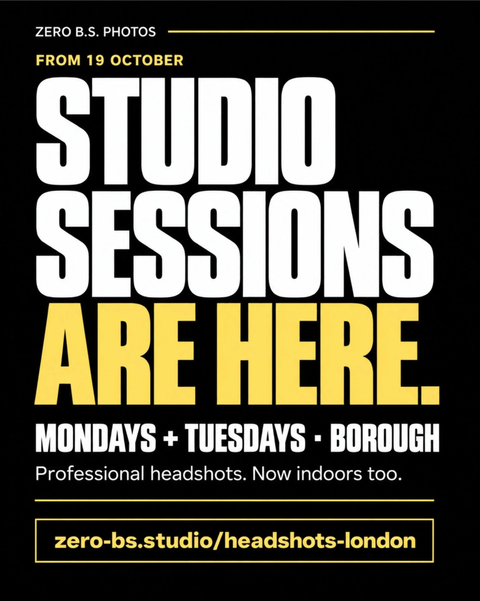 Now shooting indoors too.

From 19 October, Zero B.S. studio sessions run every Monday and Tuesday in Borough, between Borough and Elephant &amp; Castle.

Controlled lighting. Clean backgrounds. Proper direction. No audience, no weather, no faff.

Ra