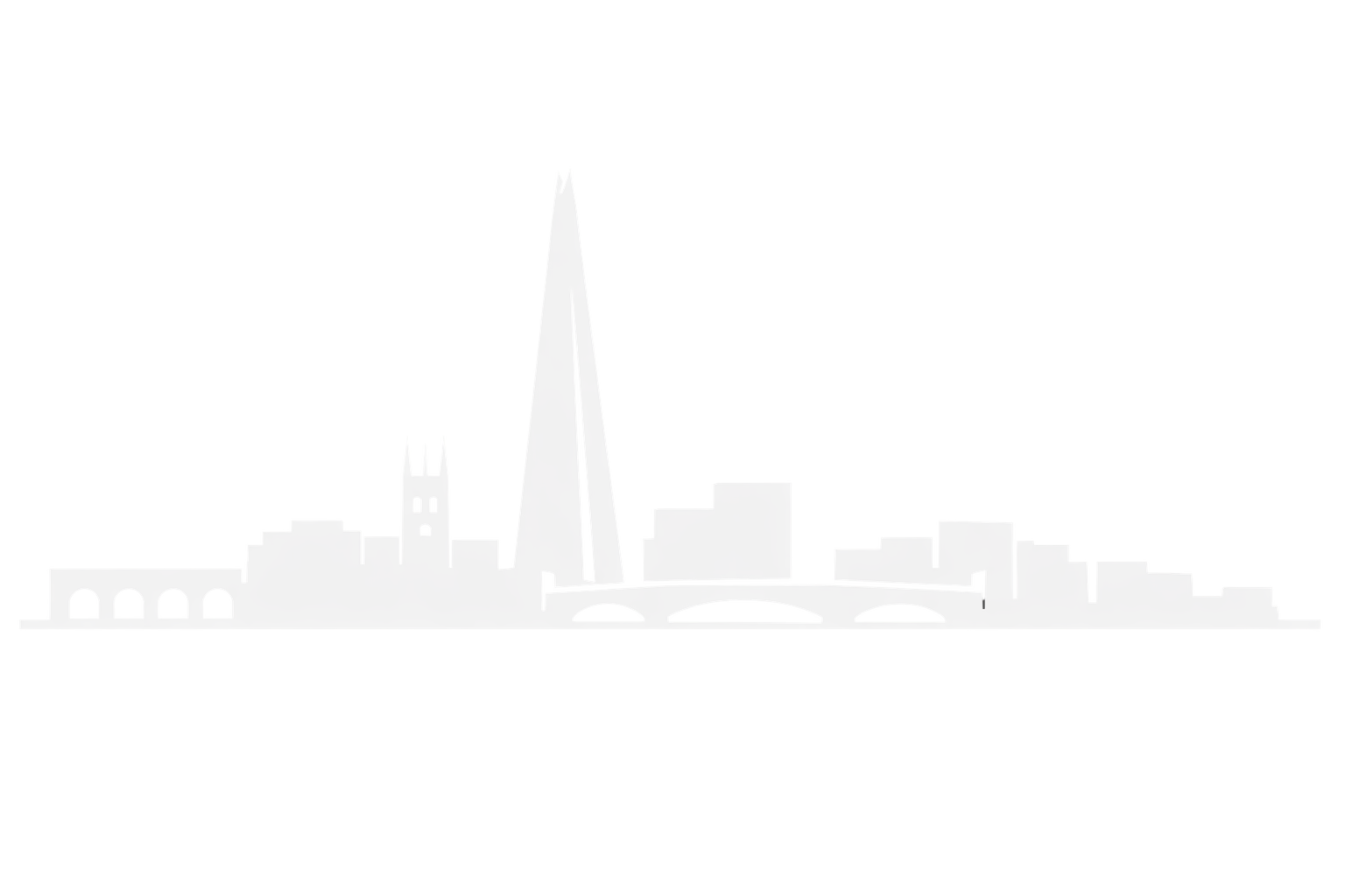 Silhouette of the London skyline featuring the Tower of London, The Shard, and London Bridge.