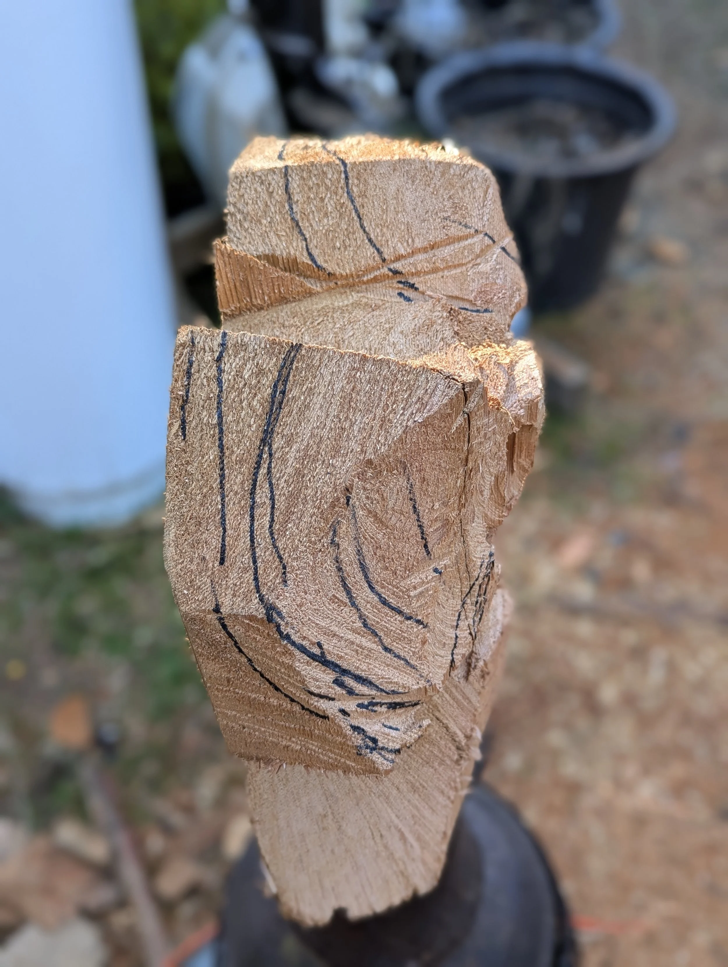 Owl in the beginning stage of carving, with chainsaw, by Justin Spalek 